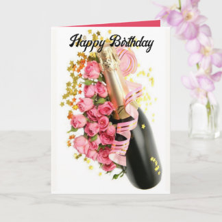 Champagne & Roze Rozen Verjaardag Kaart