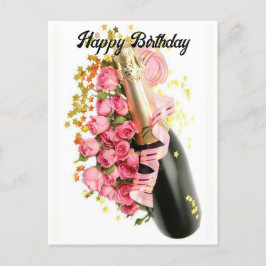 Champagne & Roze Rozen Verjaardagskaart Briefkaart