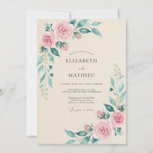 Champagne Roze Waterverf Botanische Bruiloft Kaart (Voorkant)