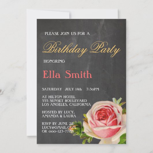 Champagne-Rozen Chalkboard Birthday Party Kaart (Achterkant)