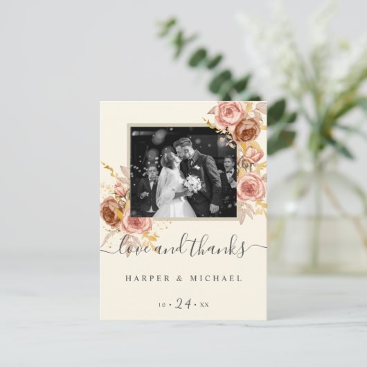 Champagne rozen foto bruiloft bedankt briefkaart (Staand voorkant)