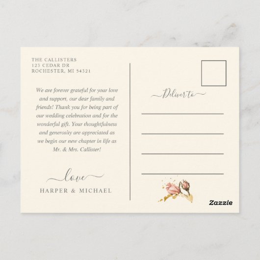 Champagne rozen foto bruiloft bedankt briefkaart (Achterkant)