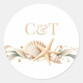 Champagne Schelp Zeester Kust Bruiloft Ronde Sticker (Voorkant)