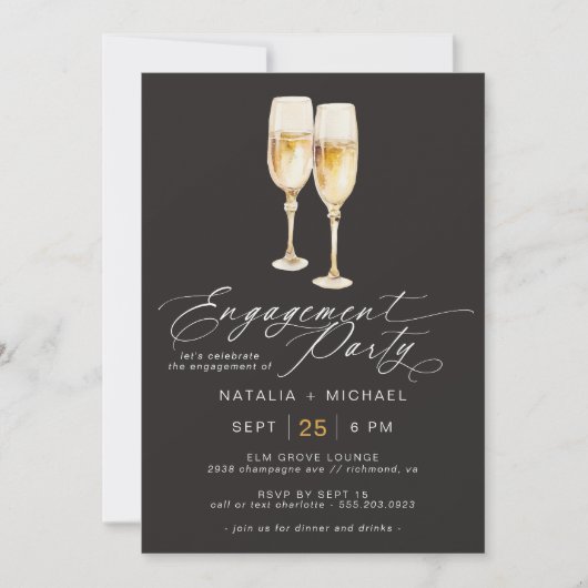 Champagne Script | Elegant Black Engagement Party Kaart (Voorkant)