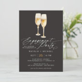 Champagne Script | Elegant Black Engagement Party Kaart (Staand voorkant)