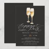 Champagne Script | Elegant Black Engagement Party Kaart (Voorkant / Achterkant)