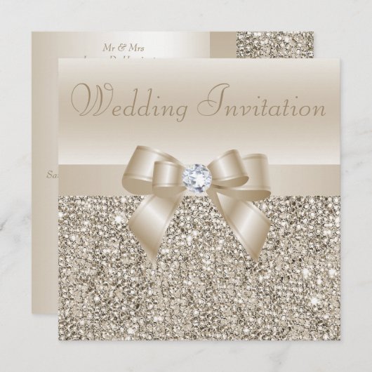 Champagne Sequins, Bow & Diamond Bruiloft Kaart (Voorkant / Achterkant)