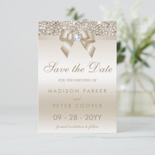 Champagne Sequins Diamond Bow Sla de datum Save The Date (Staand voorkant)