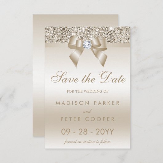 Champagne Sequins Diamond Bow Sla de datum Save The Date (Voorkant / Achterkant)