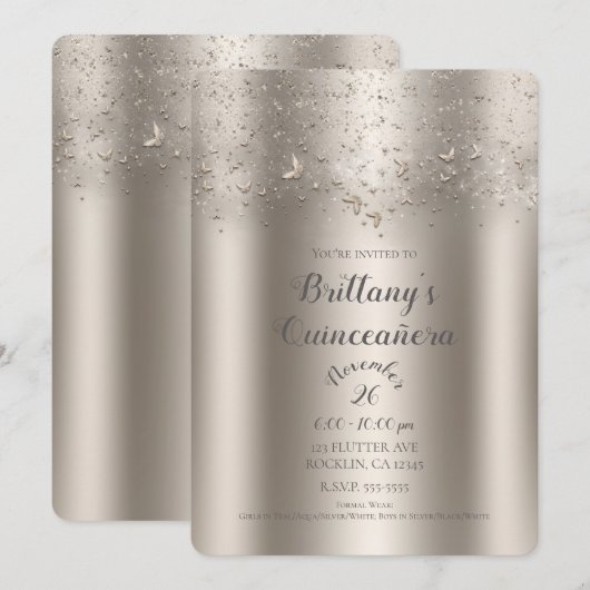 Champagne Shimmer Flutter Vlinder Quinceañera Kaart (Voorkant / Achterkant)