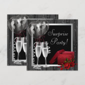 Champagne Sparkles Black White Surprise Party Kaart (Voorkant / Achterkant)