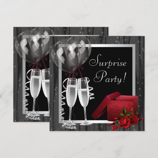 Champagne Sparkles Black White Surprise Party Kaart (Voorkant / Achterkant)
