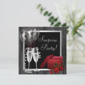 Champagne Sparkles Black White Surprise Party Kaart (Staand voorkant)