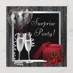 Champagne Sparkles Black White Surprise Party Kaart