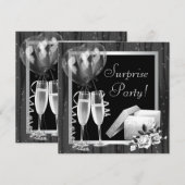 Champagne Sparkles Black White Surprise Party Kaart (Voorkant / Achterkant)