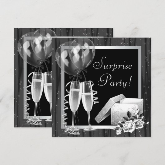 Champagne Sparkles Black White Surprise Party Kaart (Voorkant / Achterkant)