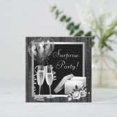 Champagne Sparkles Black White Surprise Party Kaart (Staand voorkant)