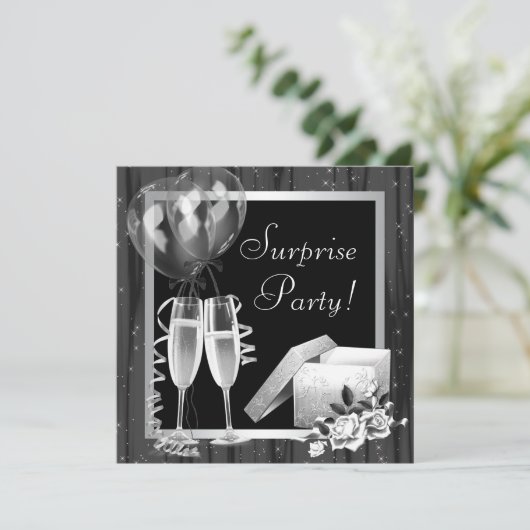 Champagne Sparkles Black White Surprise Party Kaart (Staand voorkant)