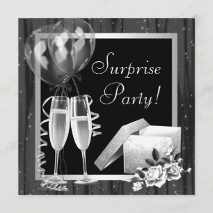 Champagne Sparkles Black White Surprise Party Kaart