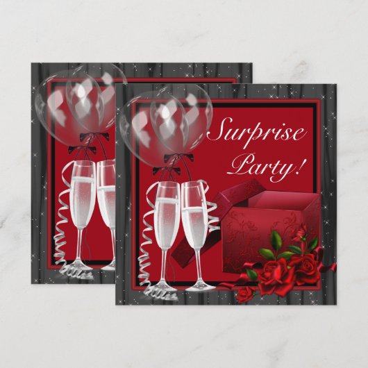 Champagne Sparkles Red Surprise Party Kaart (Voorkant / Achterkant)