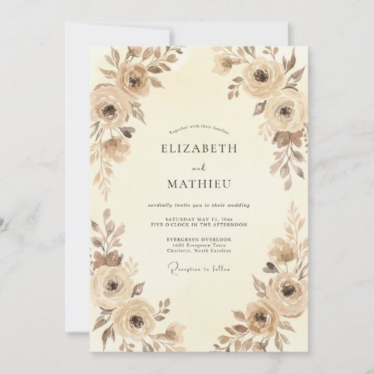 Champagne Taupe Bloem Bruiloft Kaart (Voorkant)