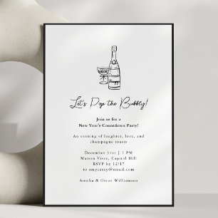 Champagne Tekening Minimalistisch Oud en Nieuw Fee Kaart