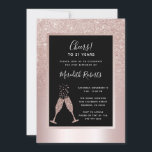 Champagne Toast 21st Birthday Party Invitation<br><div class="desc">Op een achtergrond van een wazige roze metalen folie, biedt onze elegante 21e Birthday party-uitnodiging een vrouwelijke blush glitter ombre bedekking met een borrelende champagnebril die de 21e verjaardagseering uitbrak. In een zwart lijst met een stompzinnige grens van de folie, zult u voorbeeldtekst vinden die u op de verpersoonlijking sjabloon...</div>