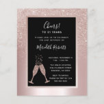 Champagne Toast 21st Birthday Party Invitation<br><div class="desc">Op een achtergrond van een wazige roze metalen folie, biedt onze elegante 21e Birthday party-uitnodiging een vrouwelijke blush glitter ombre bedekking met een borrelende champagnebril die de 21e verjaardagseering uitbrak. In een zwart lijst met een stompzinnige grens van de folie, zult u voorbeeldtekst vinden die u op de verpersoonlijking sjabloon...</div>