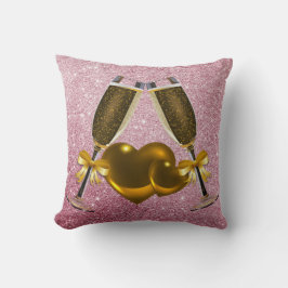 Champagne Toast Double Hearts Pink Faux Glitter Kussen