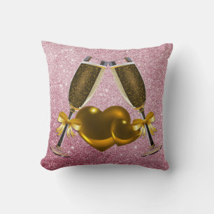 Champagne Toast Double Hearts Pink Faux Glitter Kussen
