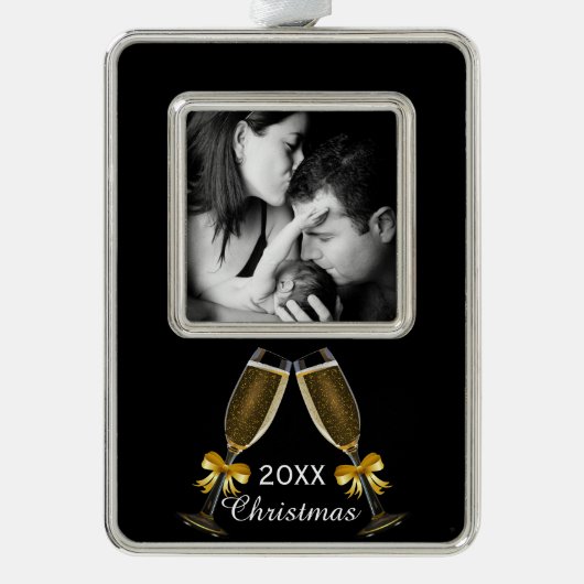 Champagne Toast Elegant Custom Photo Verzilverd Omlijst Ornament (Voorkant)
