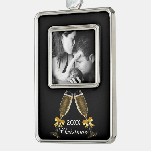 Champagne Toast Elegant Custom Photo Verzilverd Omlijst Ornament (Links)