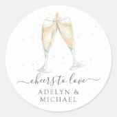 Champagne Toast "Proost op Liefde" Gepersonaliseer Ronde Sticker (Voorkant)