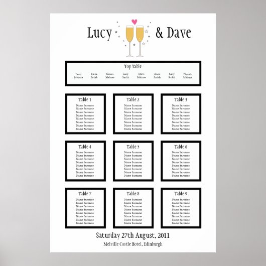 Champagne Toast Wedding Table Sezing Plan Poster (Voorkant)