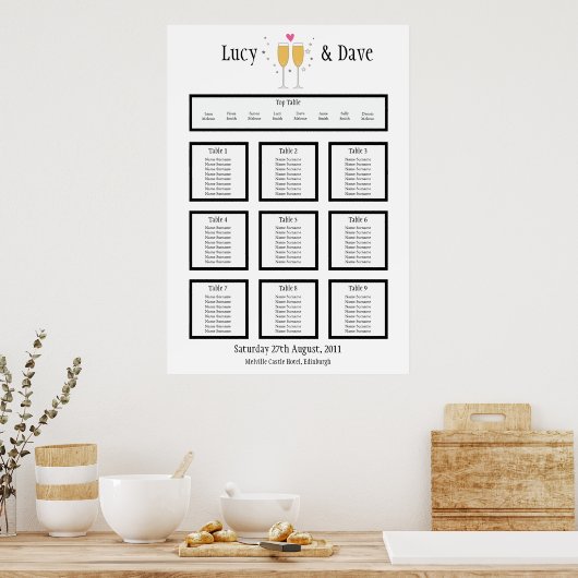Champagne Toast Wedding Table Sezing Plan Poster (Keuken)