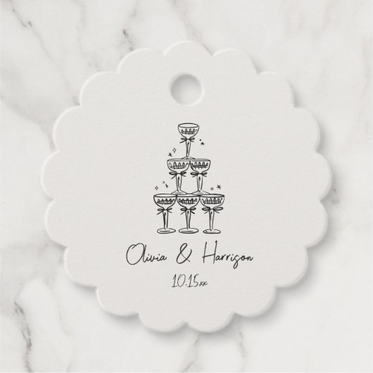 Champagne Toren Doodle Aangepaste Naam Bruiloft Bedankjes Labels (Voorkant)