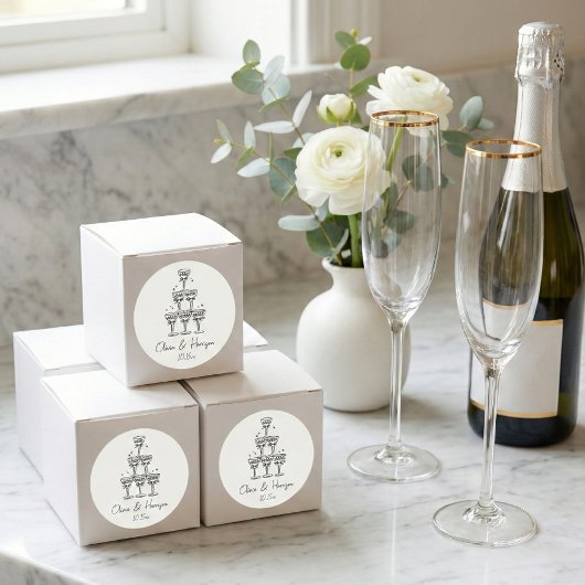 Champagne Toren Doodle Aangepaste Naam Bruiloft Ronde Sticker