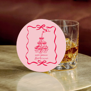 Champagne Toren Roze Handgetekende Doodles Verjaar Ronde Kartonnen Onderzetter