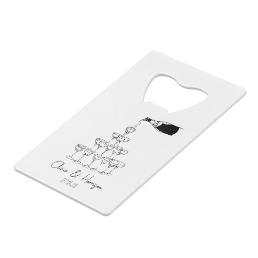 Champagne Toren Schets Aangepaste Naam Trouwen Creditkaart Flessenopener (Voorkant Gekanteld)