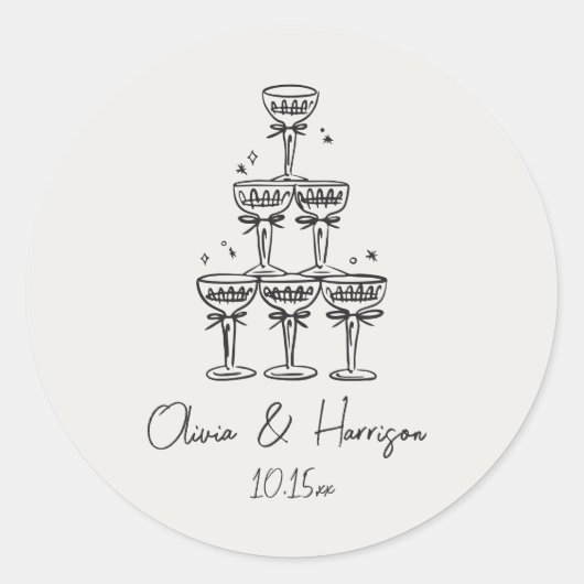 Champagne Tower Doodle Custom Name Wedding Ronde Sticker (Voorkant)