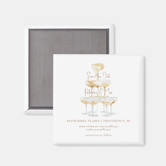 Champagne Tower Gold Tekst Bruiloft Save the Date Magneet (Voorkant / Achterkant)