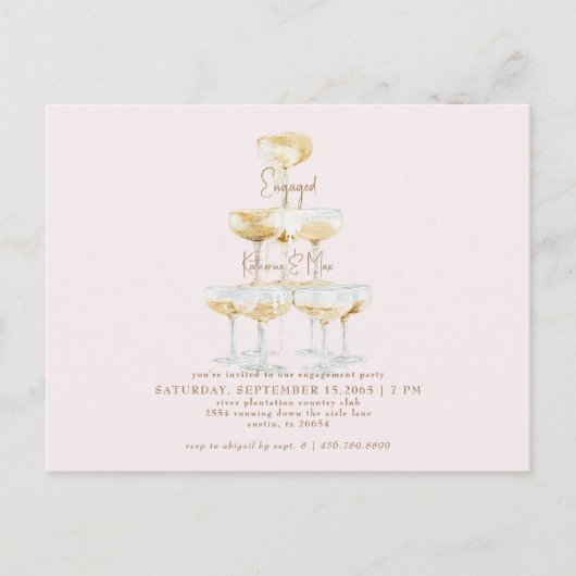 Champagne Tower Gold Text Blush Engagement Party Briefkaart (Voorkant)