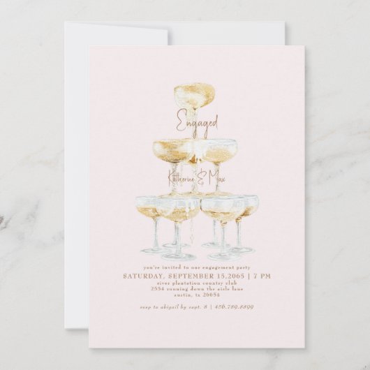 Champagne Tower Gold Text Blush Engagement Party Kaart (Voorkant)