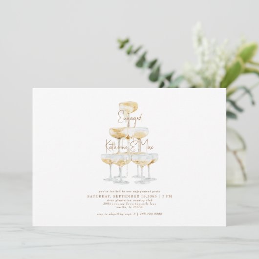 Champagne Tower Gold Text Engagement Kaart (Staand voorkant)