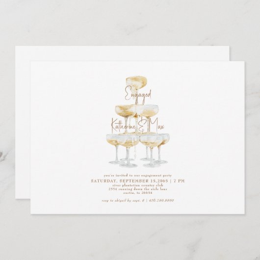 Champagne Tower Gold Text Engagement Kaart (Voorkant / Achterkant)