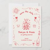 Champagne Tower Hand getrokken Fun Disco bruiloft Save The Date (Voorkant)