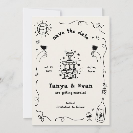 Champagne Tower Hand getrokken Fun Disco bruiloft Save The Date (Voorkant)