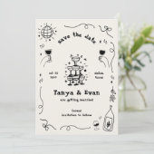 Champagne Tower Hand getrokken Fun Disco bruiloft Save The Date (Staand voorkant)