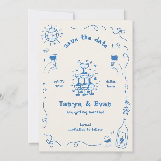Champagne Tower Hand getrokken Fun Disco bruiloft Save The Date (Voorkant)