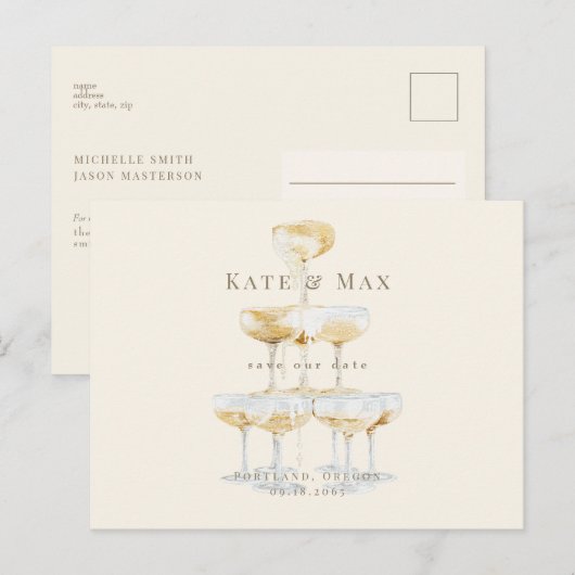 Champagne Tower Modern Cream Wedding Save the Date Briefkaart (Voorkant / Achterkant)